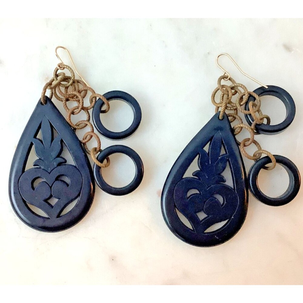 Vintage Black Earrings Cut Out Large Dangle Chandelier Hooks